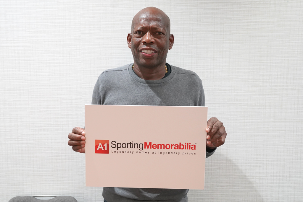 Faustino Asprilla signs with A1 Sporting Memorabilia on 19th September 2025 in London, UK.